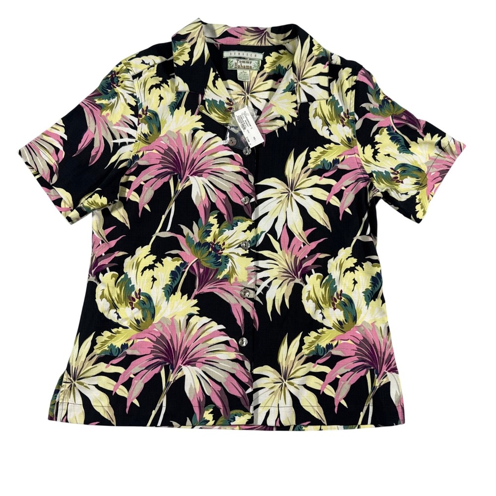 Tommy Bahama Silk Blend Camp Shirt Womens M Black Pink Tropical Palm Leaf TW3697